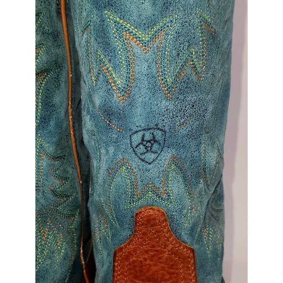 Ariat Women's Blue and Brown Leather Cowgirl Embroidered Wester Boots Sz 7B 1552 - Picture 14 of 15